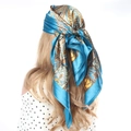 Blue paisley satin silk scarf for women elegantly tied on blonde hair with glossy finish - 90*90cm / Lake Blue