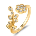 Adjustable golden open ring with elegant leaf and sparkling floral zircon designs - Flower Leaf / Gold Color-J329