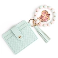 Mint green woven card holder with pink silicone bead wristlet and MAMA leopard tag - Light Green