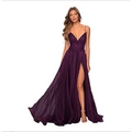 Elegant dark purple chiffon evening dress with lace bodice and side slit detailing - US size 2 / Purple