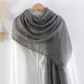 Solid dark grey cotton linen scarf with pleated texture and frayed edges for women - Dark Gray