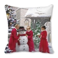 Christmas peach skin pillow featuring children building a snowman in a snowy scene - Building Snowman