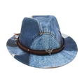 Kids vintage patchwork denim fedora with brown leather cord and silver bull skull accent - Little Bull Head Decoration (Heart Top) / Light Blue