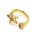 Macro detail of star and round charm open ring with pink zircon and hammer textures - Adjustable Open / Gold Color Pink Zirconia
