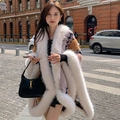 Pink and yellow checkered shawl with a thick white faux fur collar for women - White Rainbow / 140cm
