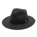 Men's black straw Panama hat with a black satin ribbon and gold bee metal logo emblem - M(56-58cm) / Black