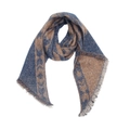 Thick autumn winter scarf in blue and brown pattern with decorative soft fringes - Navy Blue Pattern