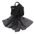 Elegant black chiffon scarf with white polka dots draped over a black leather handbag - Small Polka Dot Black