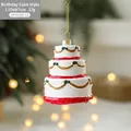 Three-tier white birthday cake Christmas ornament with red ribbons and gold glitter, 10x7cm - Red and White Cake Style
