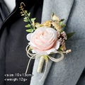 Elegant light pink artificial rose boutonniere with gold ribbon and green foliage - Watermelon Pink
