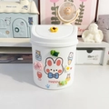 Cute white mini desktop trash can with cartoon bunny stickers and 3D floral decorations - White + 1 Sticker + 4 Charms