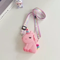 Pink unicorn silicone crossbody bag detail with adjustable rainbow cartoon strap - Pink