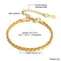 Dettaglio del bracciale a catena a corda in acciaio inossidabile 316L dorato con chiusura - Larghezza 3mm/Lunghezza 16+5cm
