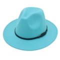 Close-up of sky blue fedora wool hat featuring a black leather belt with silver buckle - M(56-58cm) / Lake Blue