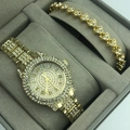 Elegant gold-tone women's watch and heart bracelet set with sparkling crystal embellishments - A11 Gold + Gold 3-Diamond Set (No Box)