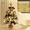 Mini 45cm flocked Christmas tree with red bows and warm LED lights on a wooden base - 45cm Flocked Tree (Red Kit)