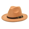 Detail of camel wool felt fedora featuring a brown leather band and gold vintage buckle - M (56-58cm) / Camel