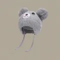 Grey children's winter knitted earflap hat with cute bear ears and soft chin straps - Chenille Bear Hat Grey (for Ages 1-4)
