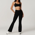 Women's black sports bra and V-cross high waist flare yoga pants fitness set - S / Top And Bottom / Bra + Flare Pants / Premium Black