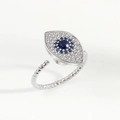 Adjustable silver evil eye anxiety ring with blue and clear crystals on rope band - Adjustable Open / White Gold Evil Eye (NJ1046)