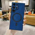 Blue leather-textured Galaxy S23 Ultra case with deer logo and magnetic ring - Blue