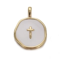 Macro view of gold-rimmed white enamel pendant with a small gold cross detail - Round White Enamel with Gold Cross (CX148-08)