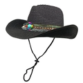 Cappello da cowboy in paglia nera con finiture boho e cinturino sottogola regolabile - M (56-58cm) / Nero