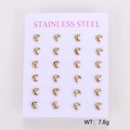 Set of 12 pairs golden stainless steel crescent moon stud earrings on display card - Crescent Moon Style (AML03337) / 12 Pairs Set