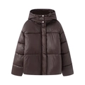 Women's dark brown puffer jacket with hood and horizontal quilting in a padded winter style - S / Coffee