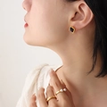Minimalist geometric tiger eye stud earrings and gold pearl ring set on model - Dark Purple / Gold Color (F097)