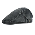 Dark grey washed denim flat cap for men with adjustable bronze metal buckle - Adjustable / Black