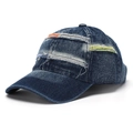 Detailed view of heavy washed blue denim baseball cap with retro distressed ripped effects - Dark Blue(C)