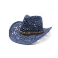 Dark blue woven straw cowboy hat with cutout patterns and metal skull badge on band - M(56-58cm) / Navy Blue