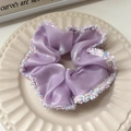Purple satin hair scrunchie with rainbow floral lace trim on a minimalist plate - 73# Purple Satin Rainbow Edge