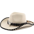 Beige western cowboy hat with ethnic band, bull head pendant and black stitched brim - M (56-58cm) / Stitched Beige Hat with Black Edge