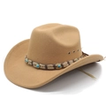 Close-up of camel felt cowboy hat with turquoise beads and decorative rope trim - M (56-58cm) / Camel