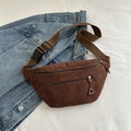 Brown corduroy waist bag with adjustable strap and front pocket on denim jacket - Brown