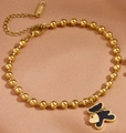 Bracelet à billes dorées en acier inoxydable avec breloque ours noir et pendentif cœur - Bracelet Ours en Or et Coquille Noire (C709)