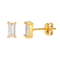 Macro shot of gold rectangle stud earrings with baguette cut white zircon and s925 silver pins - Rectangle Style