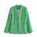 Women's solid apple green blazer jacket with collarless open front and decorative pockets - XS / Grass Green