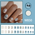Blue and beige press-on nails featuring silhouettes of birds on branches and sunset art - W850 Style (With Glue)