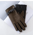 Men's winter gloves featuring grey herringbone tweed and black leather with wrist strap - Dark Brown Herringbone