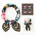 Black floral square silk scarf with pink and yellow blossoms and geometric striped edges - 70*70cm / Black