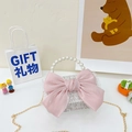 Mini borsa in tweed rosa e bianco con fiocco in raso e manico in perle per bambine - Grande / Bianco