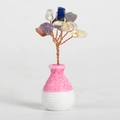Multicolor natural crystal tree with copper branches in a pink and white ceramic vase - Rainbow Crystal