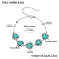 Silbernes Edelstahlarmband mit fünf herzförmigen grünen Glassteinen und Verlängerungskette - Hellgrünes Strass-Armband (TXE510) / 17+5cm / Stahlfarben