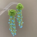 Orecchini a fiore in perline fatti a mano con nappe blu per uno stile estivo da spiaggia - Verde Blu Perline Nappa