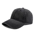 Classic washed denim baseball cap in dark grey with adjustable soft top and curved brim - Black