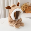 Brown plush 2-in-1 reindeer hood scarf with cute antlers and soft white fleece lining - Khaki - [Kids Reindeer Antlers]