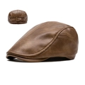 Dark brown faux leather flat cap with vintage litchi texture and adjustable back strap - Coffee